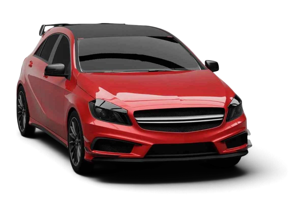 Red hatchback shown from the front at an angle